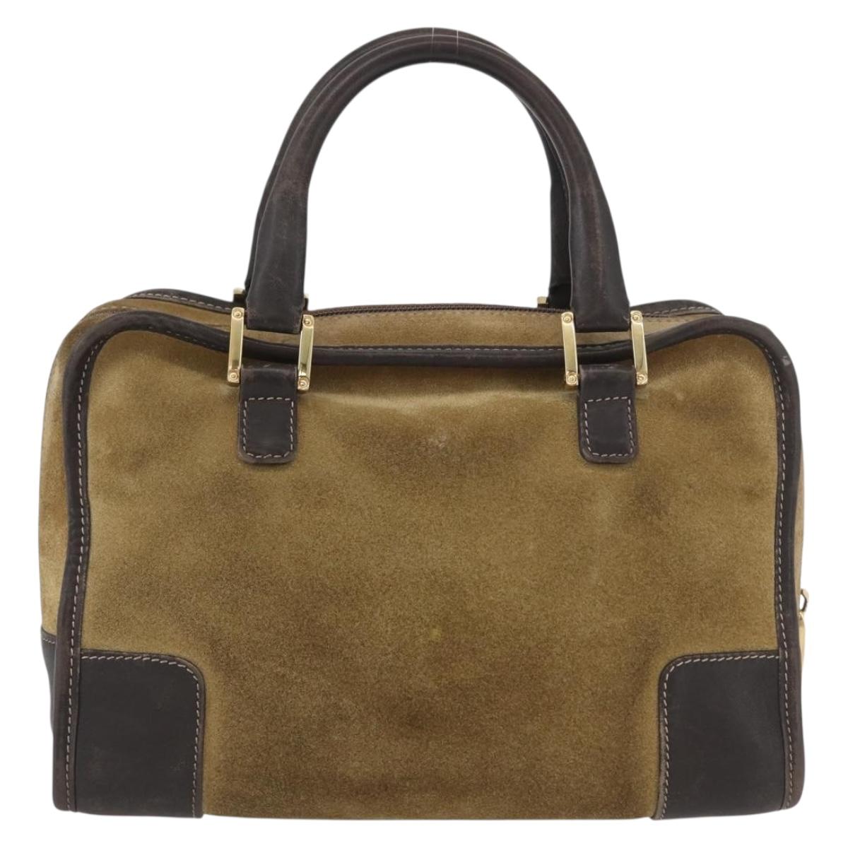 LOEWE Anagram Americana 28 Hand Bag Suede Leather Beige Gold Auth BSZ081