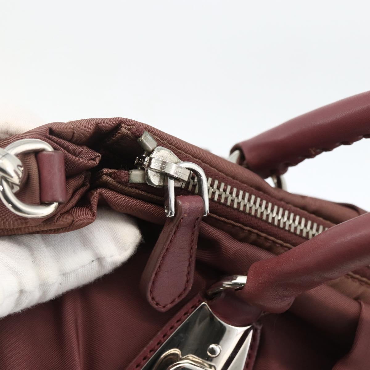 PRADA Hand Bag Nylon 2way Bordeaux Silver Auth BSZ102A