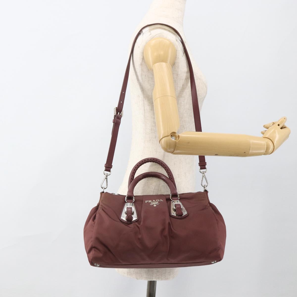 PRADA Hand Bag Nylon 2way Bordeaux Silver Auth BSZ102A