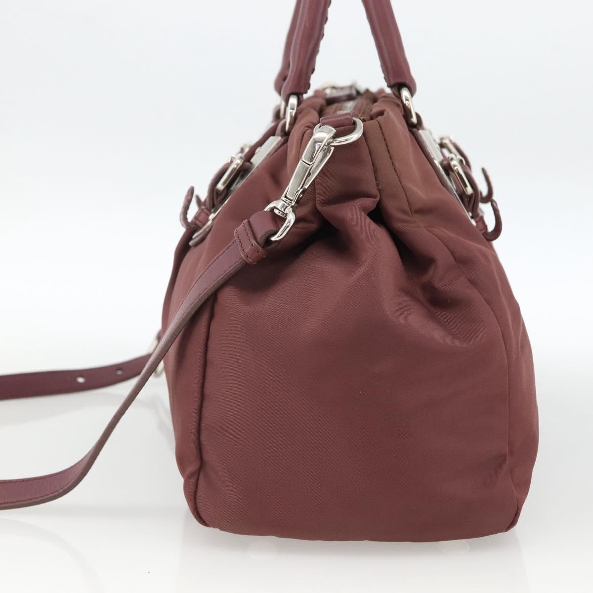 PRADA Hand Bag Nylon 2way Bordeaux Silver Auth BSZ102A