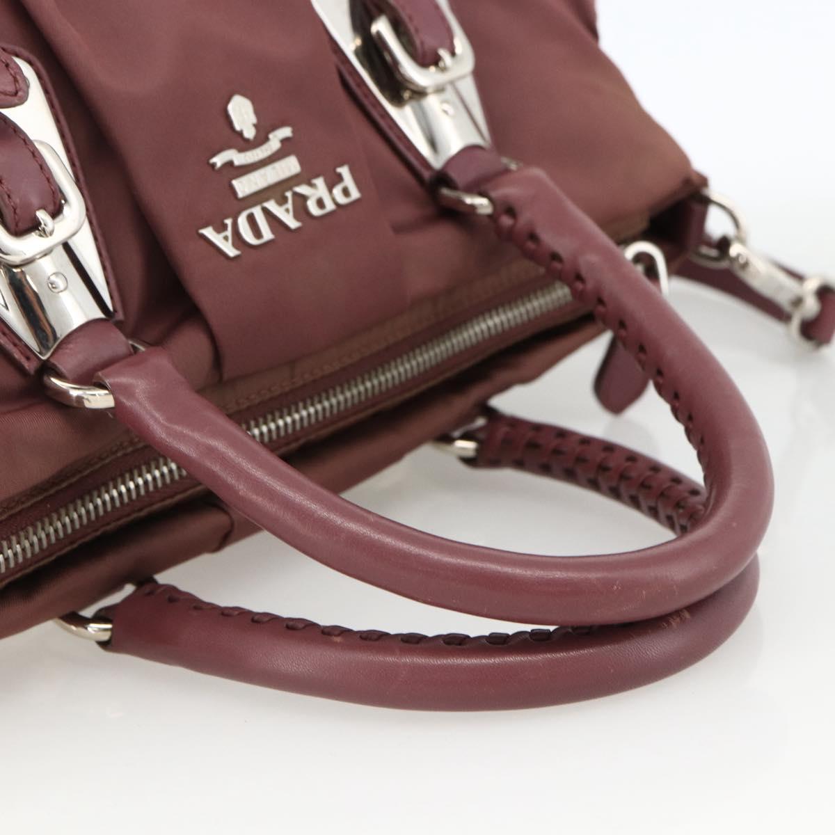 PRADA Hand Bag Nylon 2way Bordeaux Silver Auth BSZ102A