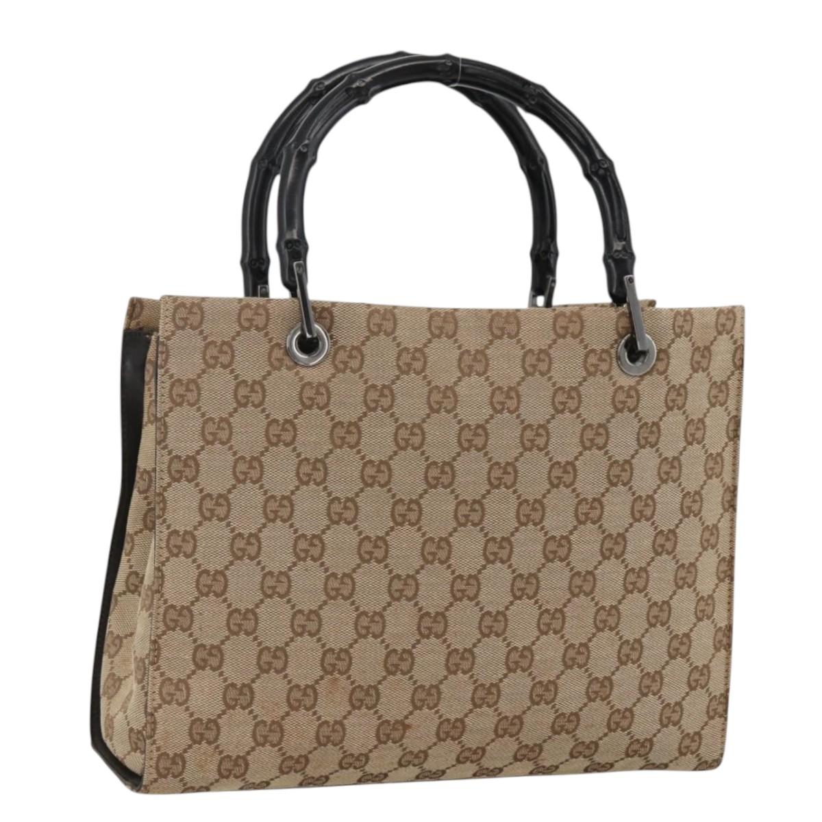 GUCCI GG Canvas Bamboo Hand Bag Nylon Beige Silver 002 1016 Auth BSZ113