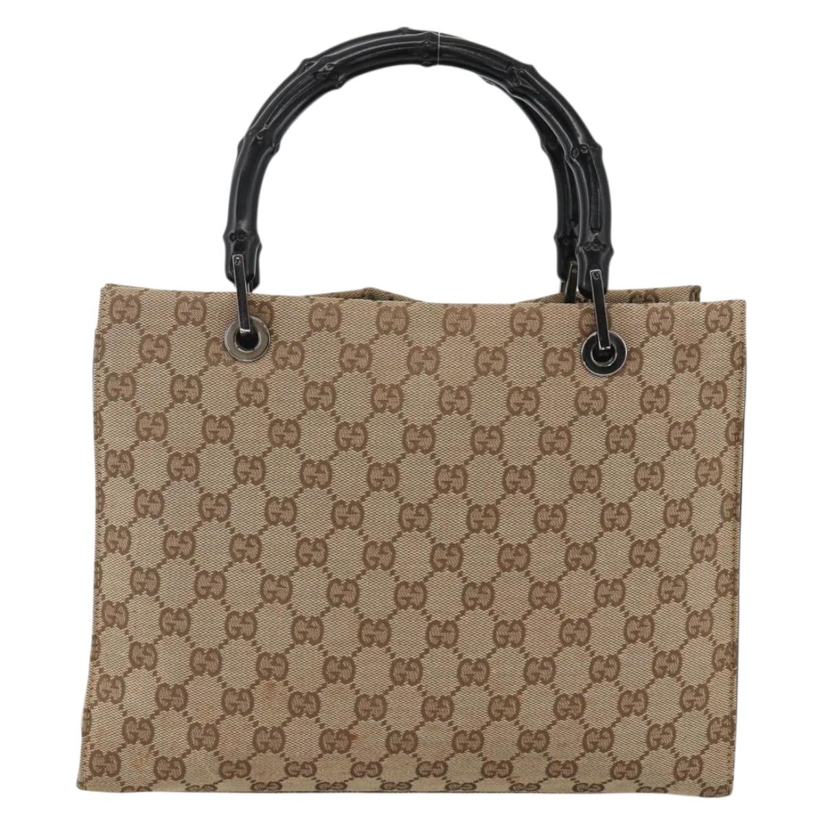 GUCCI GG Canvas Bamboo Hand Bag Nylon Beige Silver 002 1016 Auth BSZ113