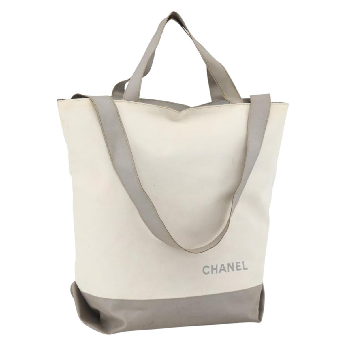 CHANEL Tote Bag Nylon White Silver CC Auth BSZ118