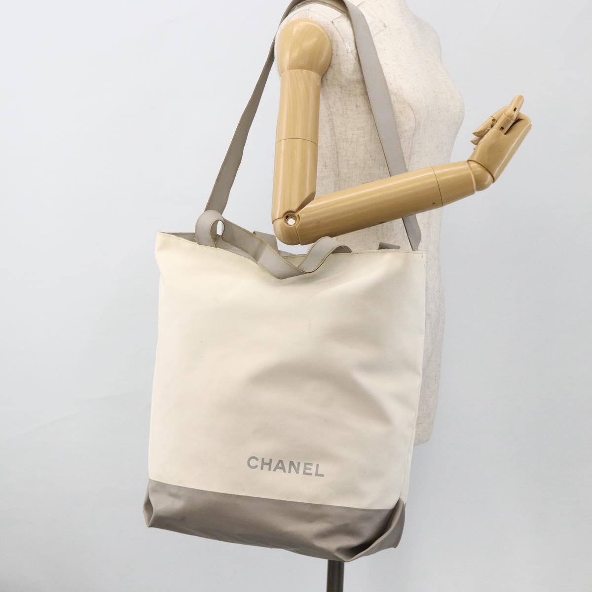 CHANEL Tote Bag Nylon White Silver CC Auth BSZ118