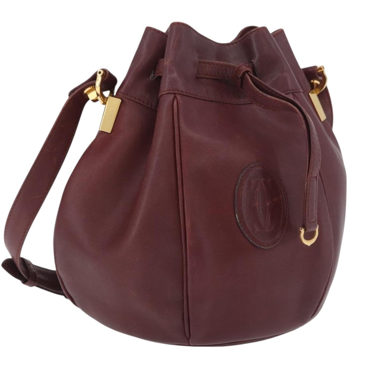 CARTIER Must Line Purse Shoulder Bag Leather Bordeaux Gold Auth BSZ168