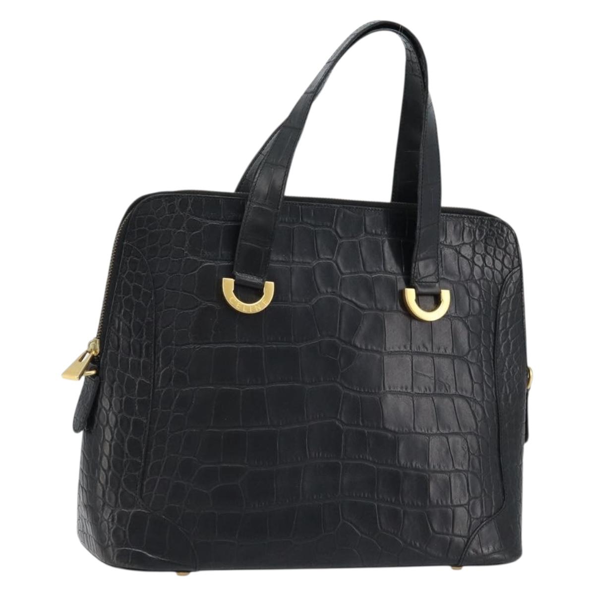 CELINE Hand Bag Embossed leather Black Gold Auth BSZ171