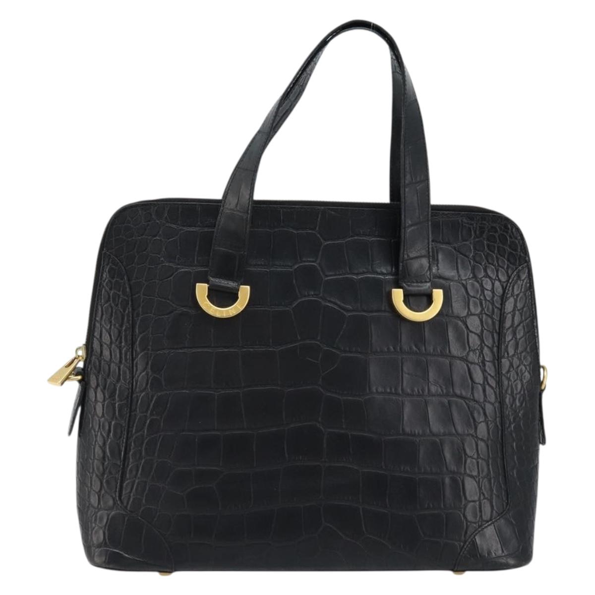 CELINE Hand Bag Embossed leather Black Gold Auth BSZ171