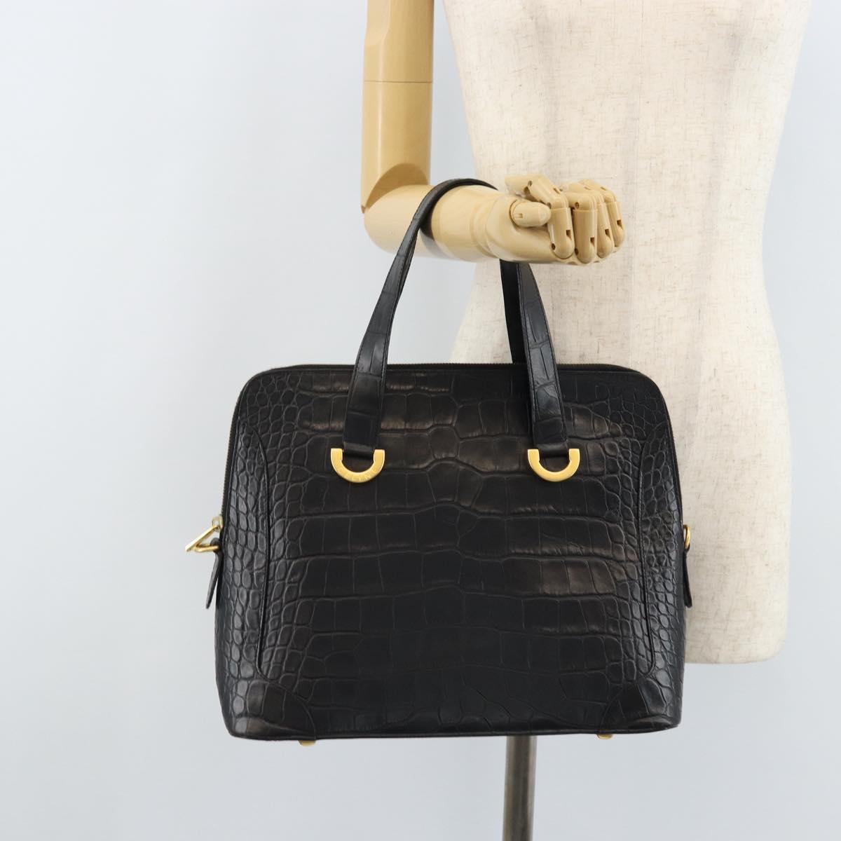 CELINE Hand Bag Embossed leather Black Gold Auth BSZ171