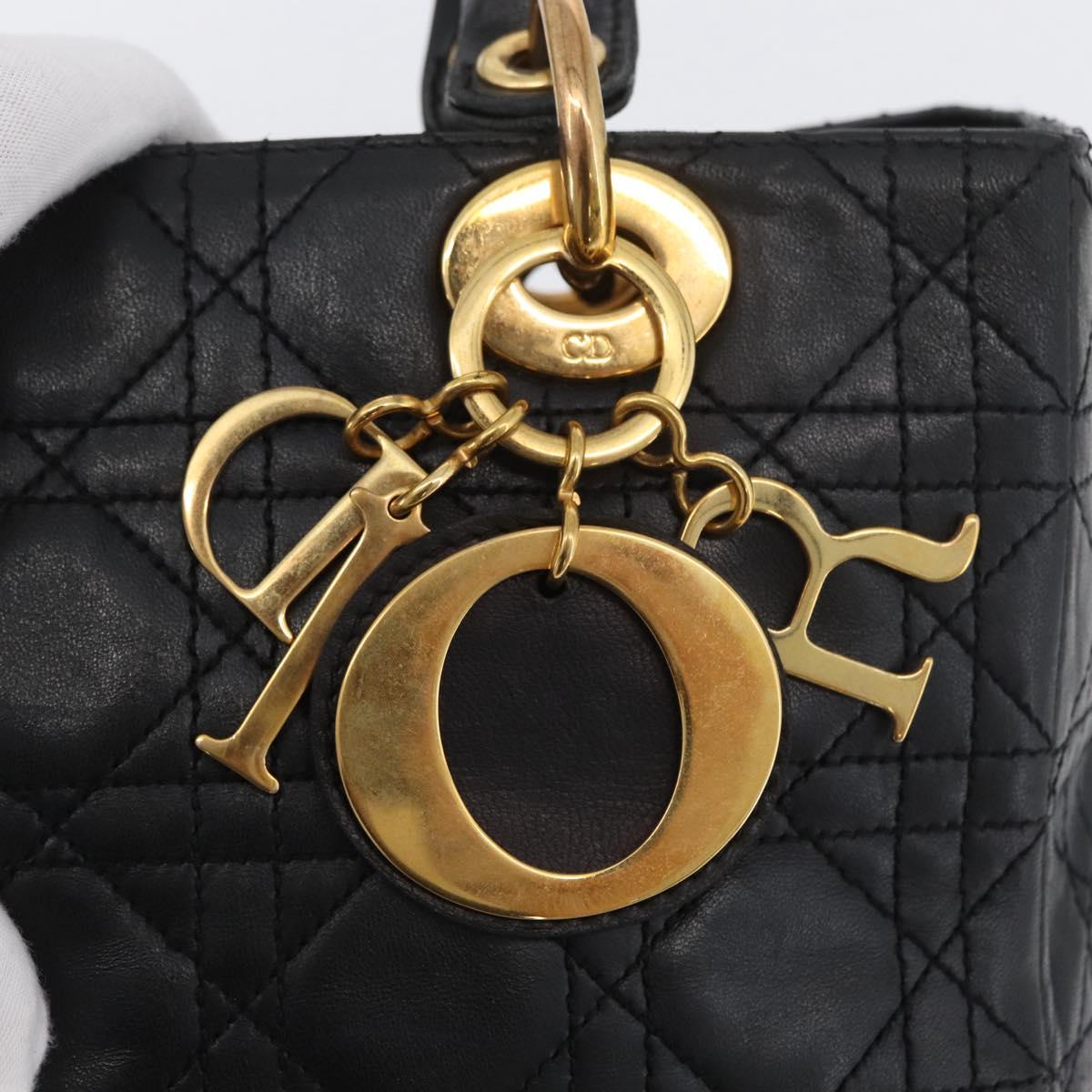 Christian Dior Lady Dior Canage Hand Bag Lamb Skin Black Gold Auth BSZ177SAV