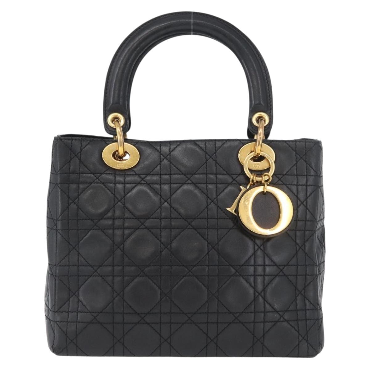 Christian Dior Lady Dior Canage Hand Bag Lamb Skin Black Gold Auth BSZ177SAV