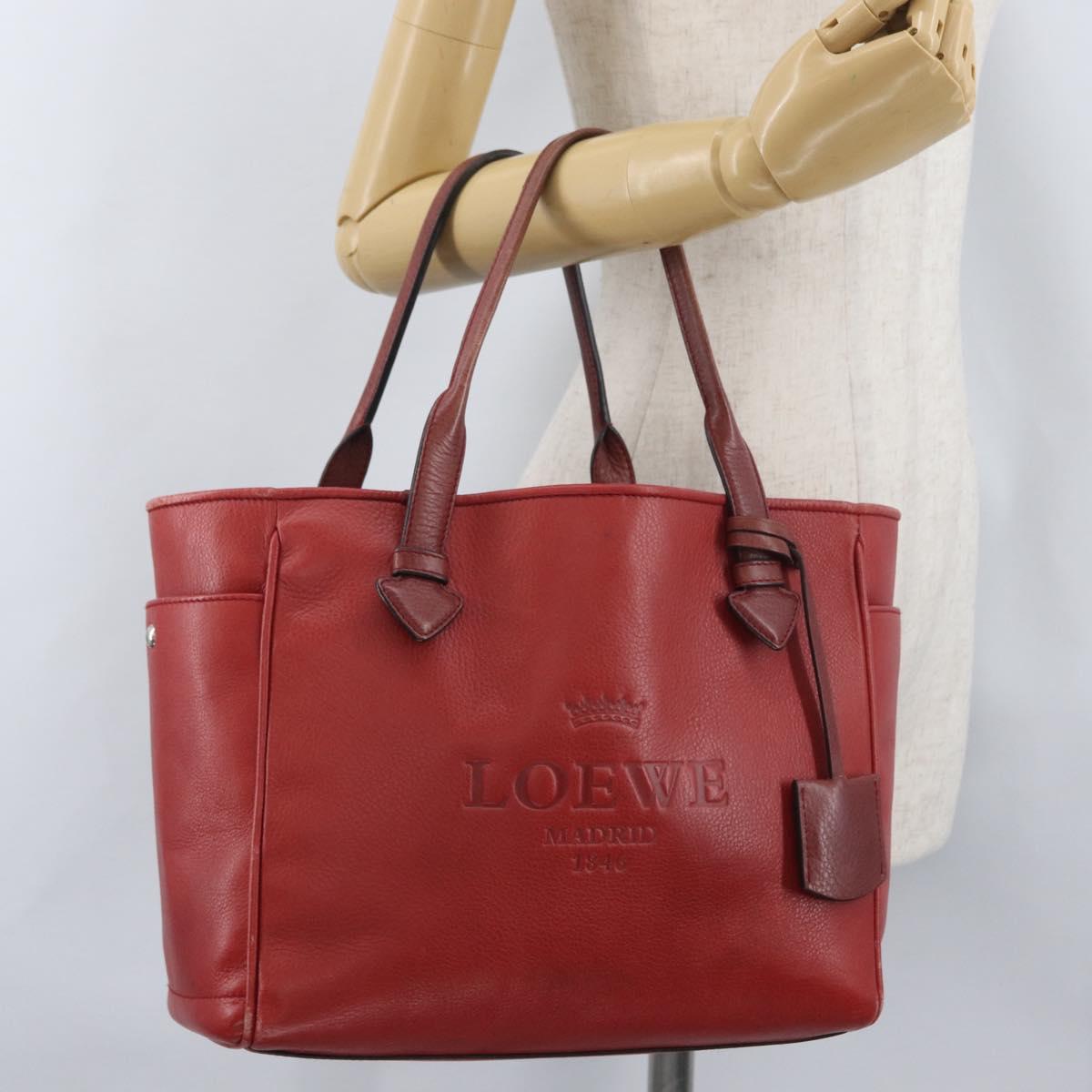 LOEWE Heritage Tote Bag Leather Red Silver Auth BSZ189