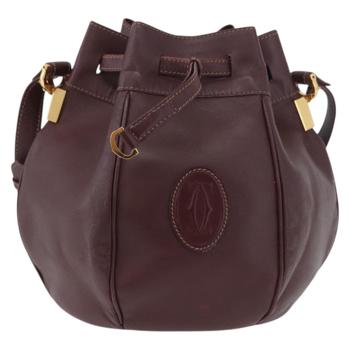 CARTIER Must Line Purse Shoulder Bag Leather Bordeaux Gold Auth BSZ197