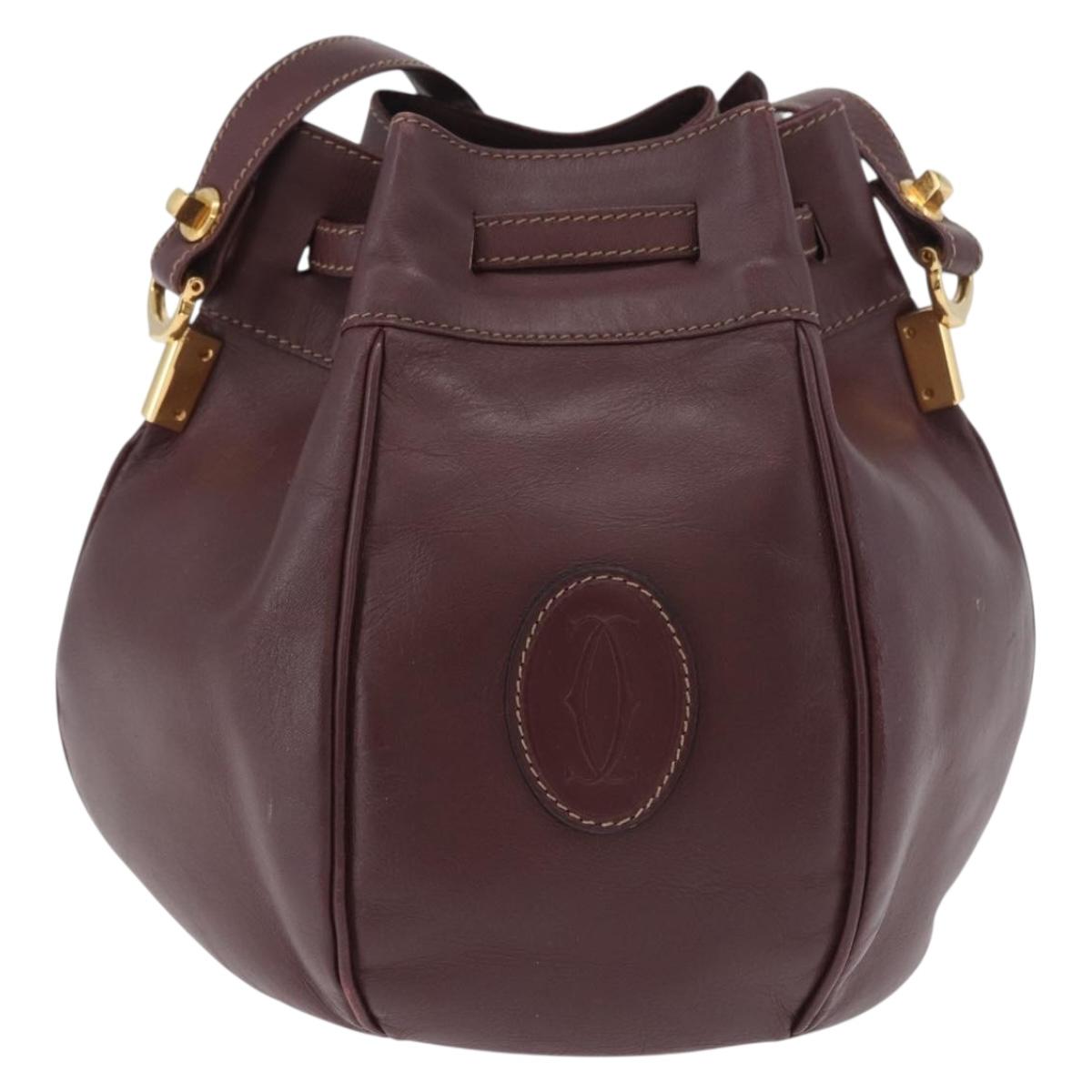 CARTIER Must Line Purse Shoulder Bag Leather Bordeaux Gold Auth BSZ197