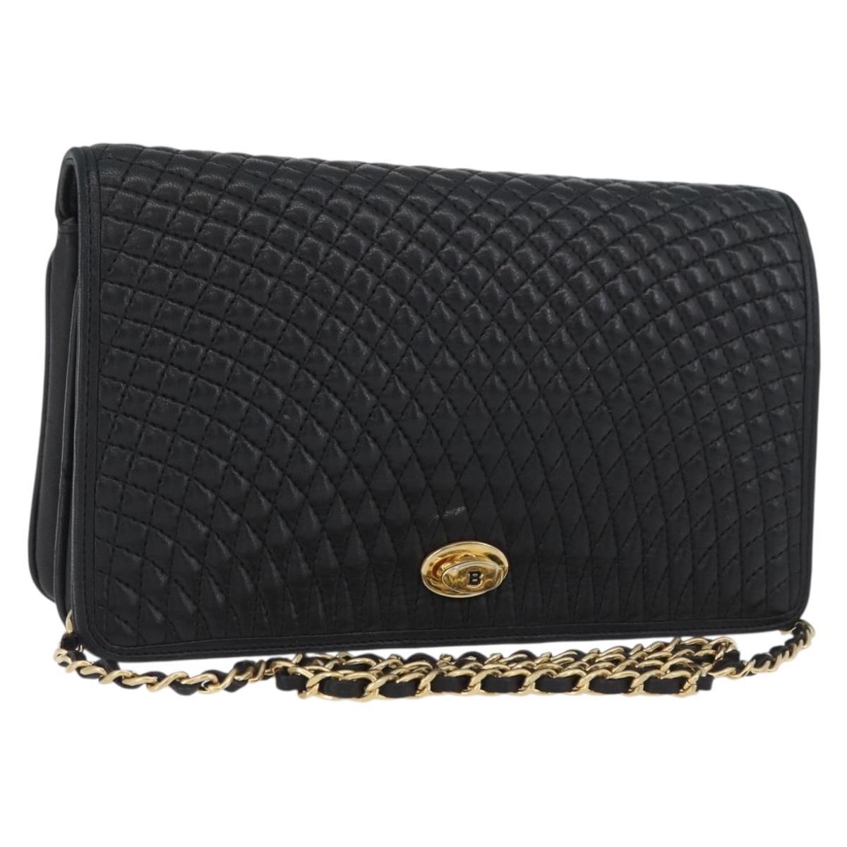 BALLY Chain Shoulder Bag Leather Black Gold Auth BSZ200