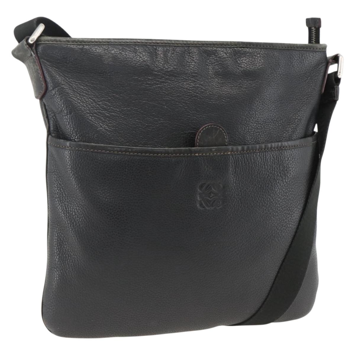 LOEWE Anagram Shoulder Bag Leather Black Silver Auth BSZ239