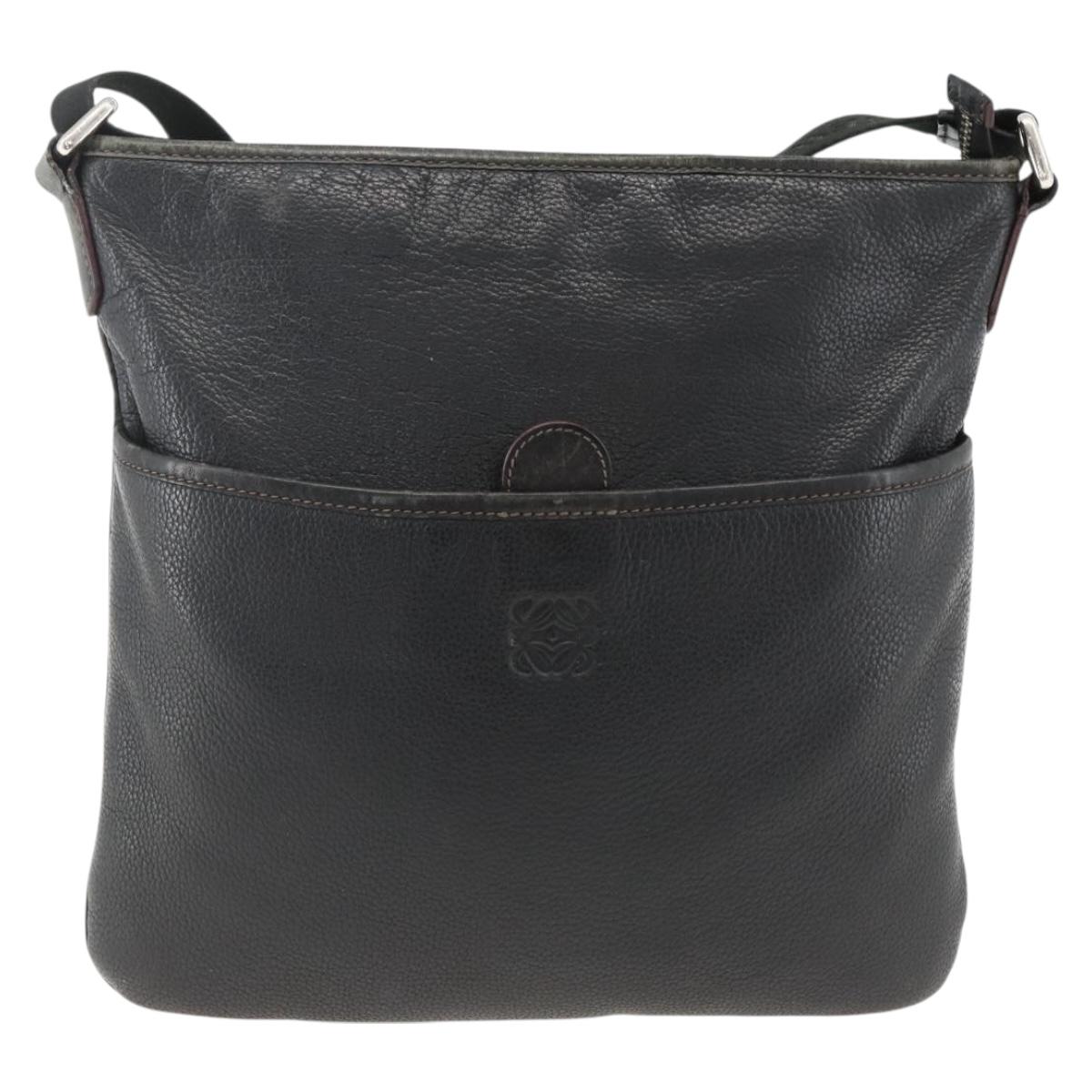 LOEWE Anagram Shoulder Bag Leather Black Silver Auth BSZ239