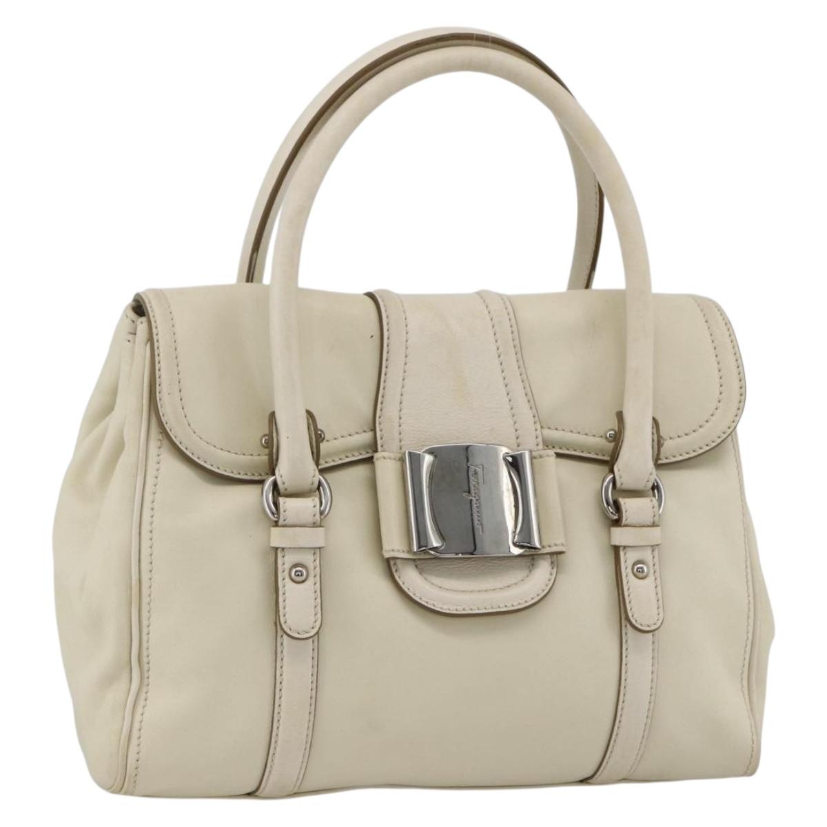 Salvatore Ferragamo Hand Bag Leather White Silver Auth BSZ241