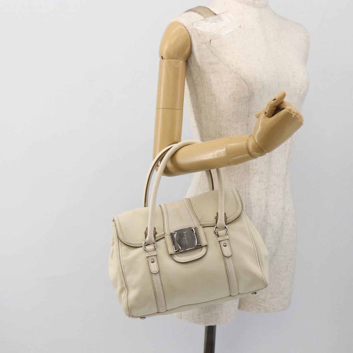 Salvatore Ferragamo Hand Bag Leather White Silver Auth BSZ241