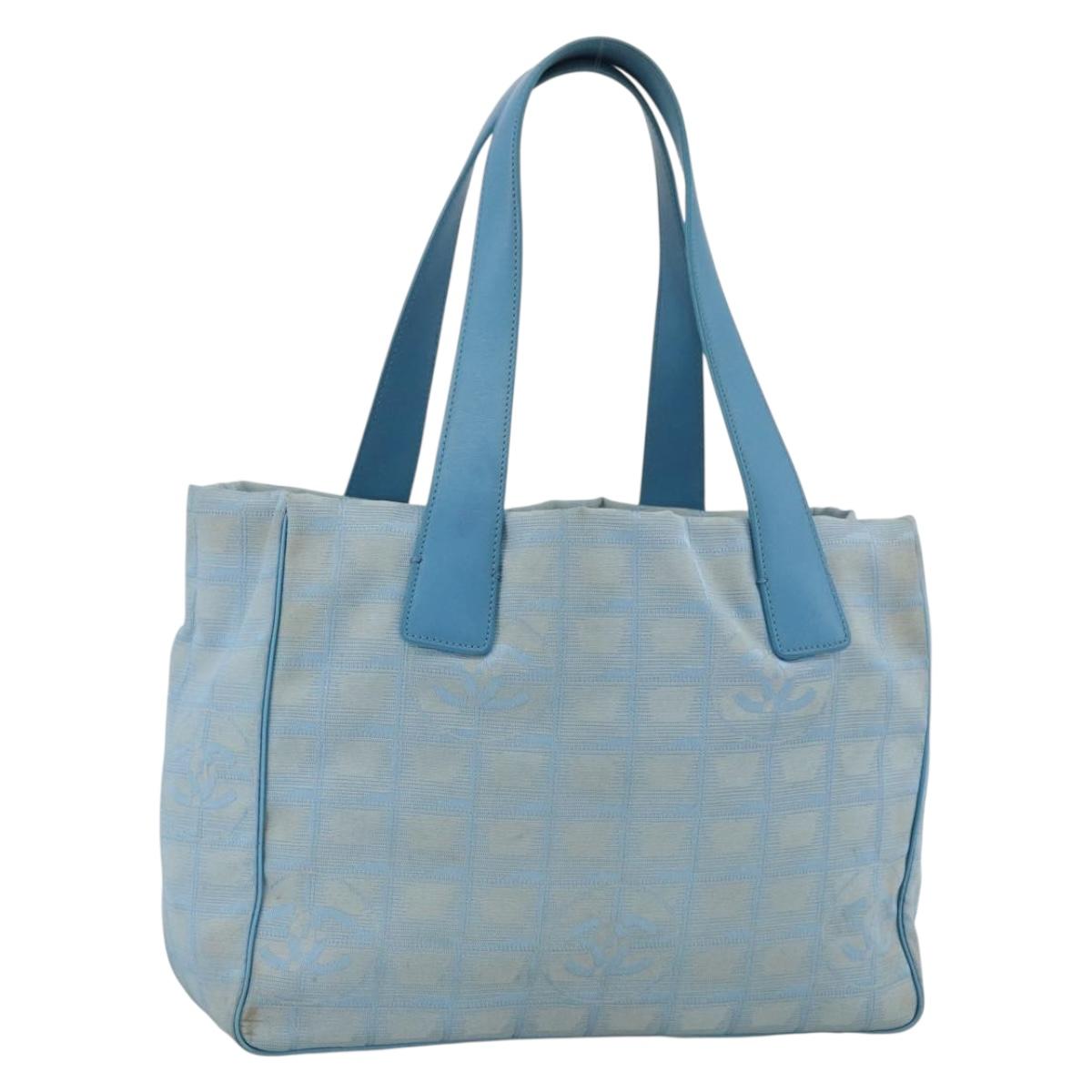CHANEL New Travel Line Hand Bag Nylon Light Blue Silver CC Auth BSZ263