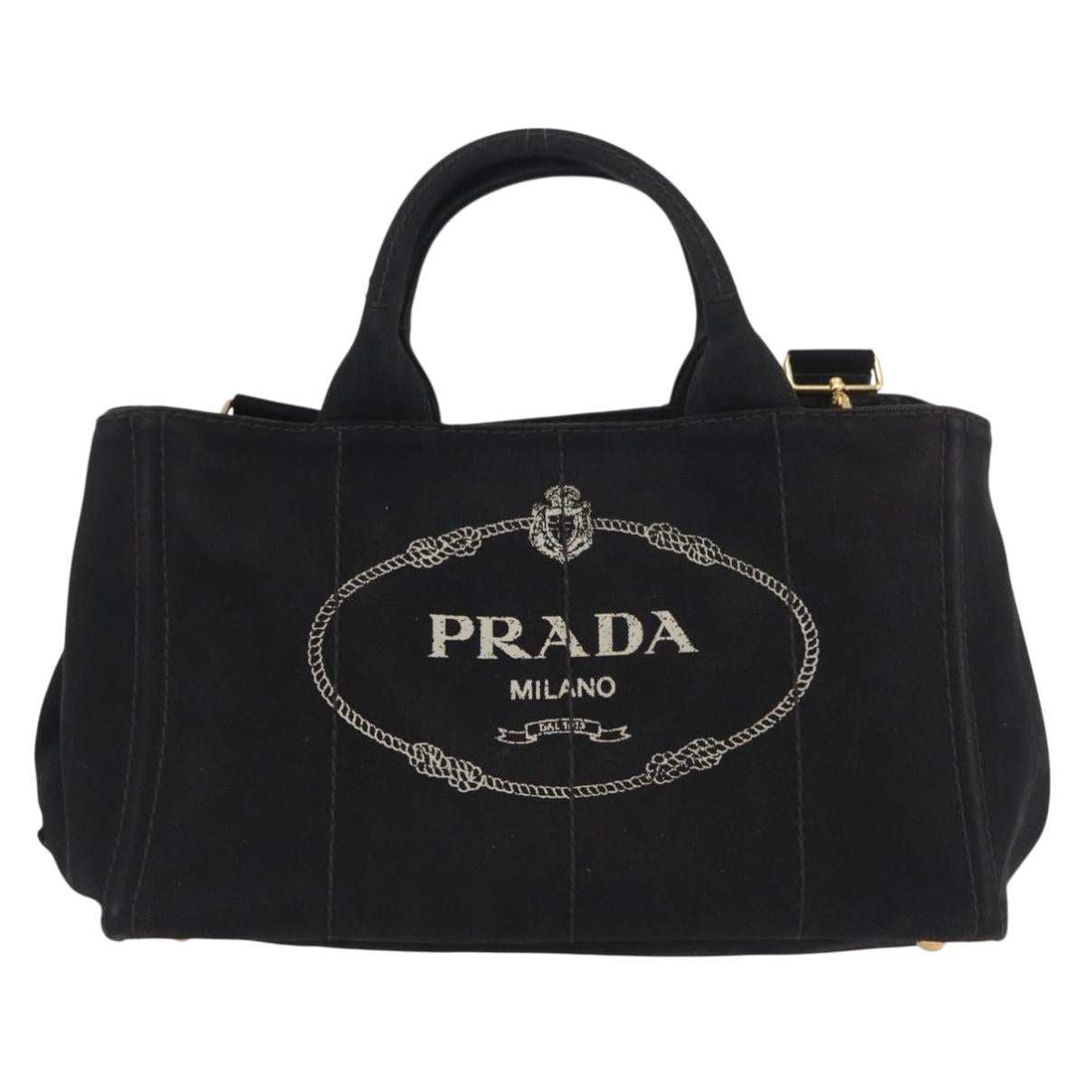 PRADA Canapa GM Hand Bag Denim 2way Black Gold Auth BSZ264