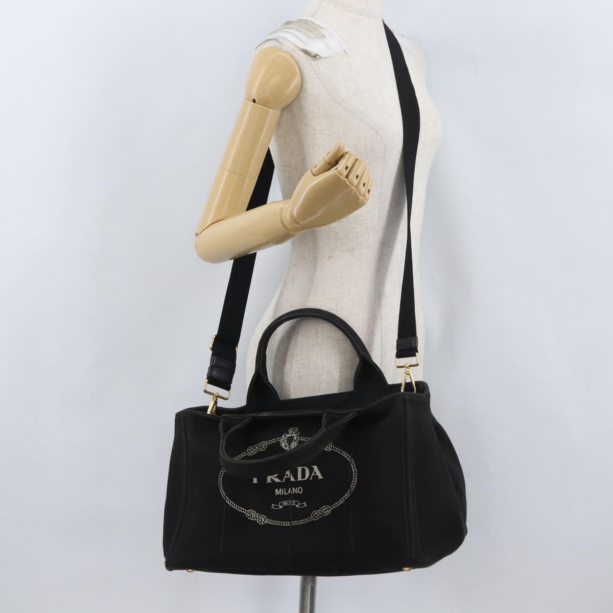 PRADA Canapa GM Hand Bag Denim 2way Black Gold Auth BSZ264