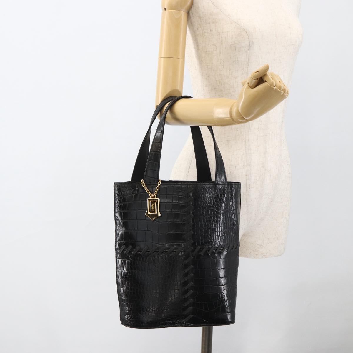 SAINT LAURENT Hand Bag Embossed leather Black Gold Auth BSZ274