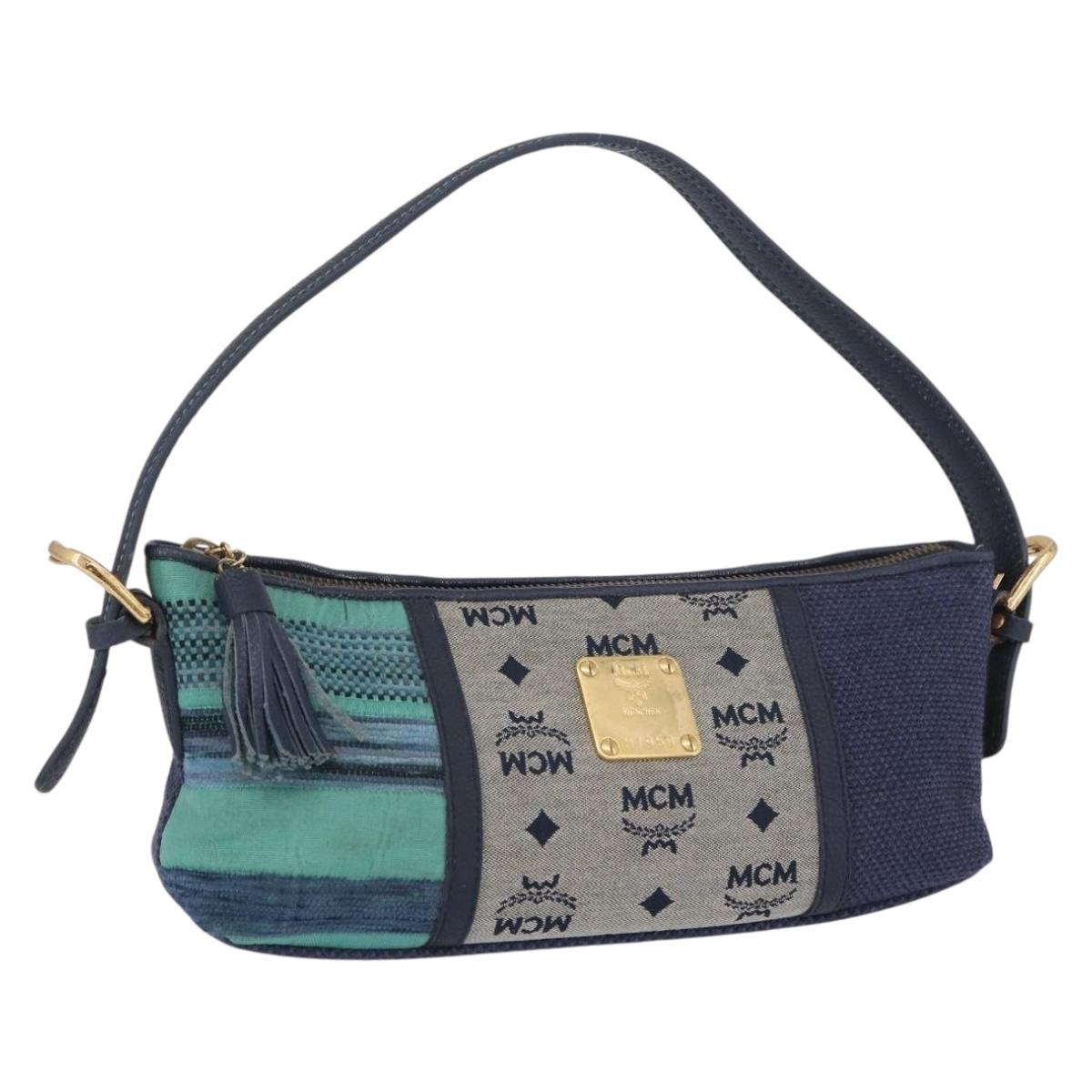 MCM Vicetos Logogram Shoulder Bag Canvas Blue Gold Auth BSZ289