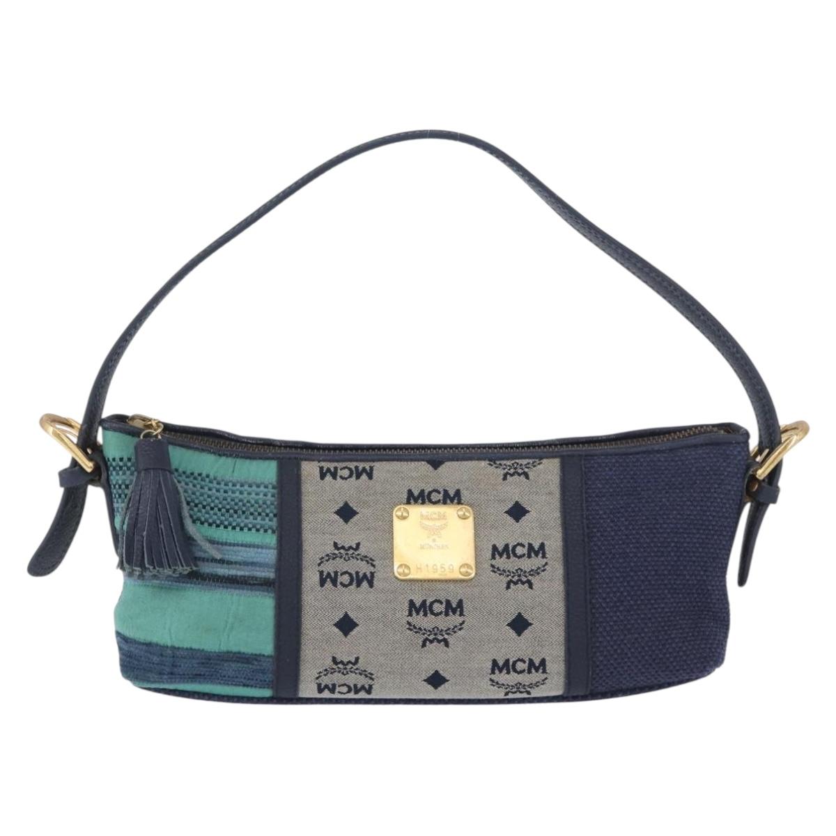 MCM Vicetos Logogram Shoulder Bag Canvas Blue Gold Auth BSZ289