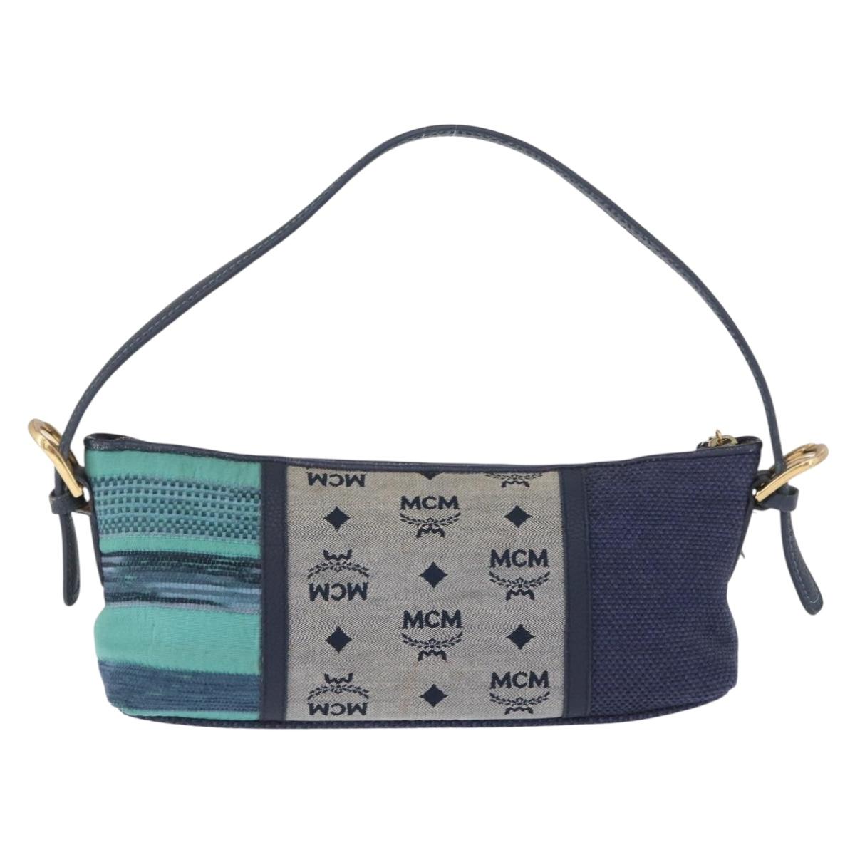 MCM Vicetos Logogram Shoulder Bag Canvas Blue Gold Auth BSZ289