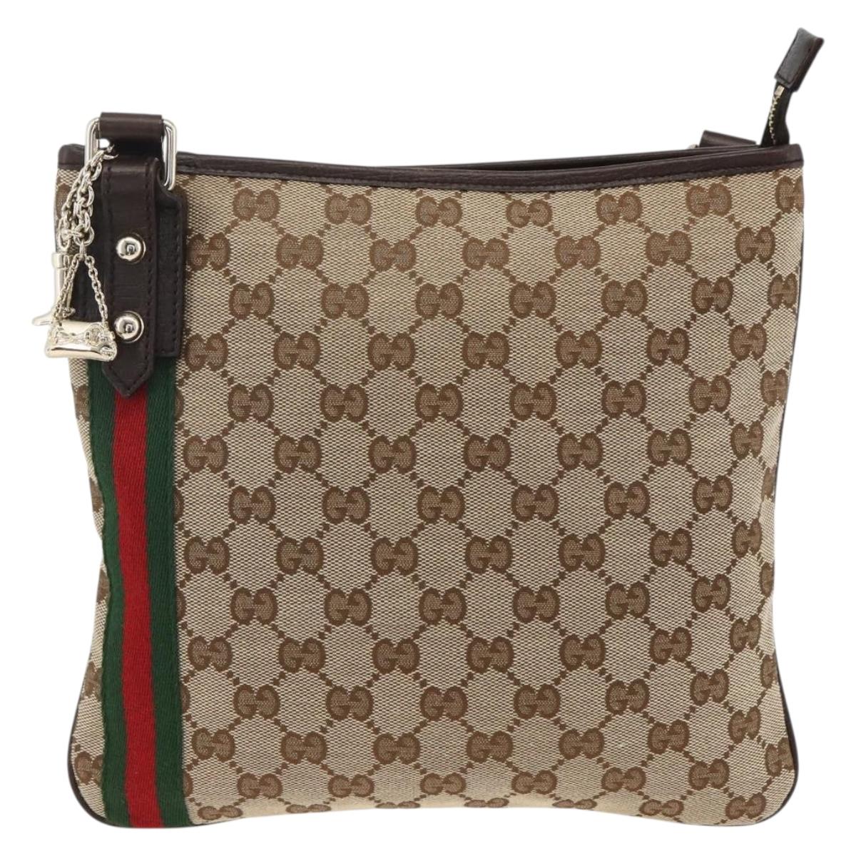GUCCI GG Canvas Web Sherry Line Shoulder Bag Beige Gold 144388 Auth BSZ299V