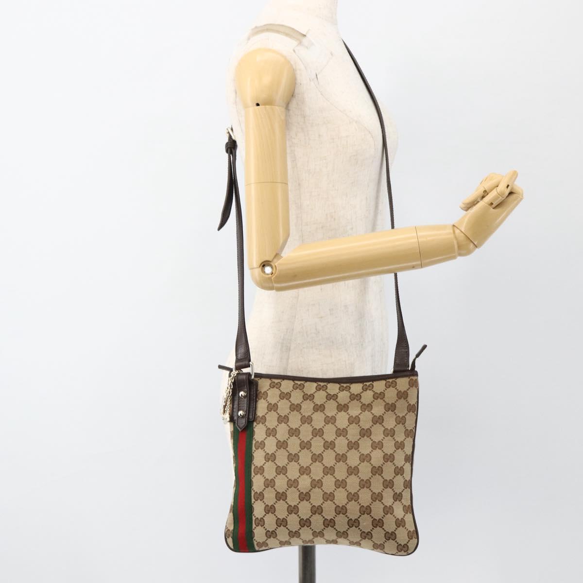 GUCCI GG Canvas Web Sherry Line Shoulder Bag Beige Gold 144388 Auth BSZ299V