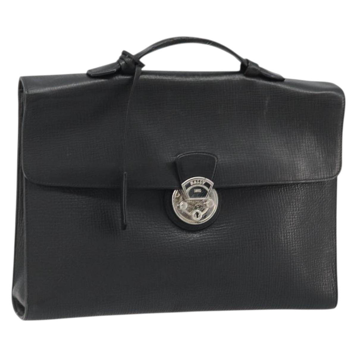 BALLY Business Bag Leather Black Silver Auth BSZ315