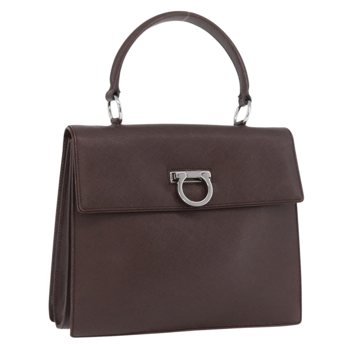 Salvatore Ferragamo Gancini Hand Bag Leather Brown Silver Auth BSZ320