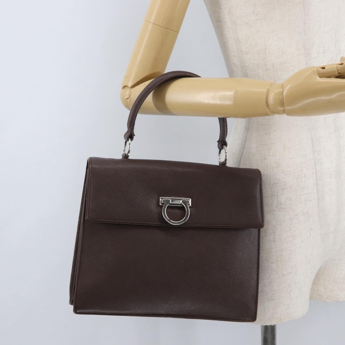 Salvatore Ferragamo Gancini Hand Bag Leather Brown Silver Auth BSZ320