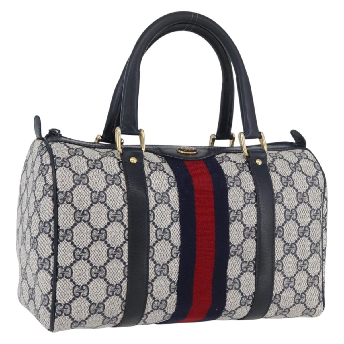 GUCCI GG Supreme Sherry Line Hand Bag PVC 2way Navy Gold Auth BSZ332V