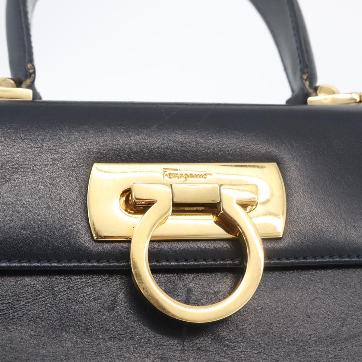 Salvatore Ferragamo Gancini Hand Bag Leather Navy Gold Auth BSZ342
