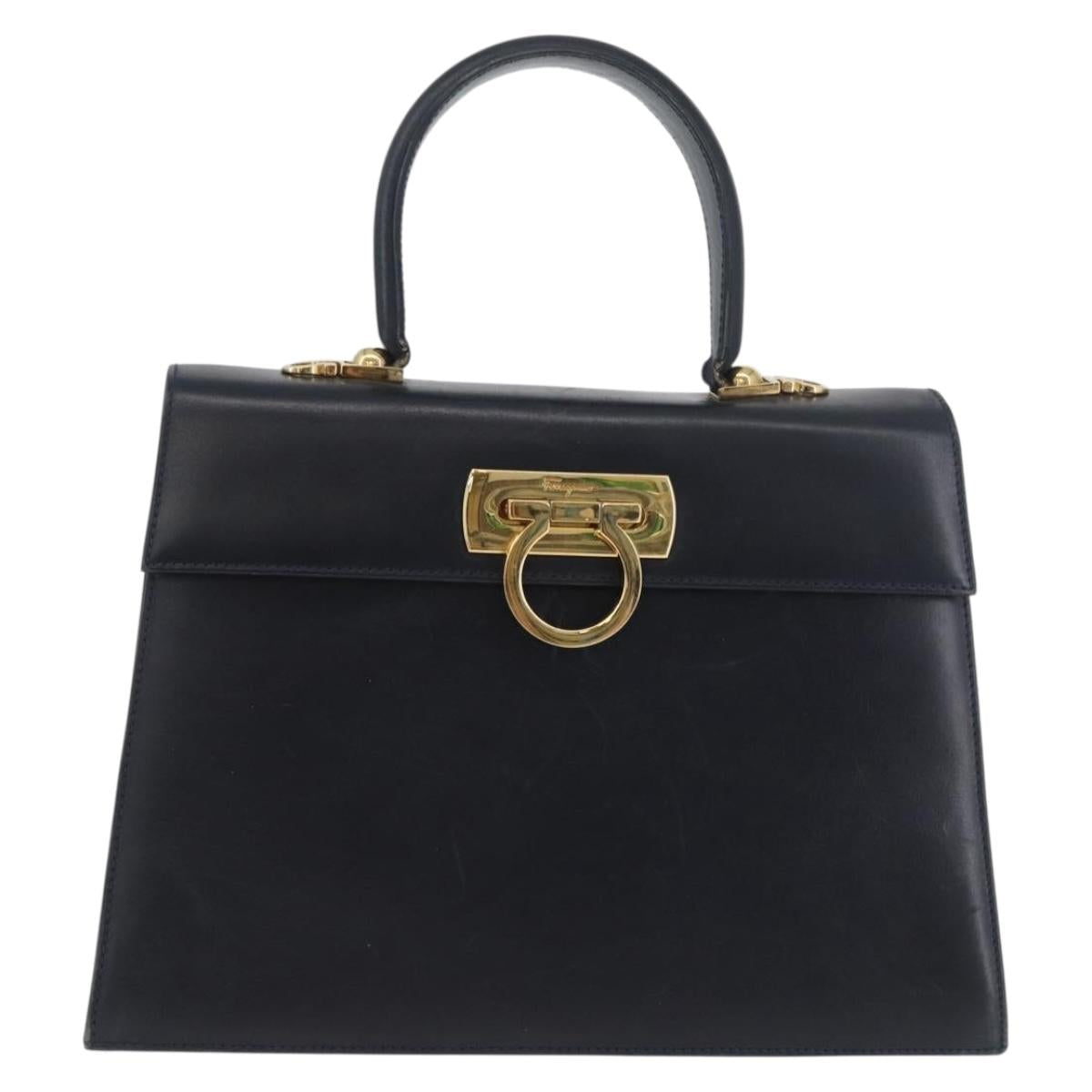 Salvatore Ferragamo Gancini Hand Bag Leather Navy Gold Auth BSZ342