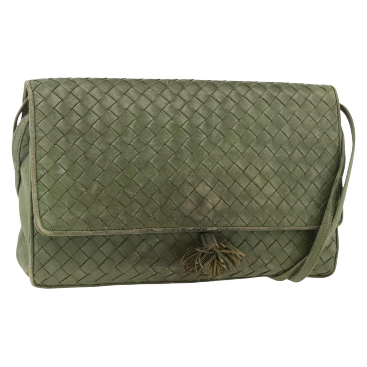 BOTTEGA VENETA INTRECCIATO Shoulder Bag Leather Khaki Gold Auth BSZ346
