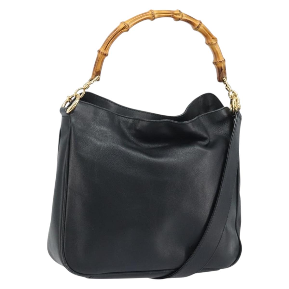 GUCCI Bamboo Hand Bag Leather 2way Black Gold 001 1638 Auth BSZ349