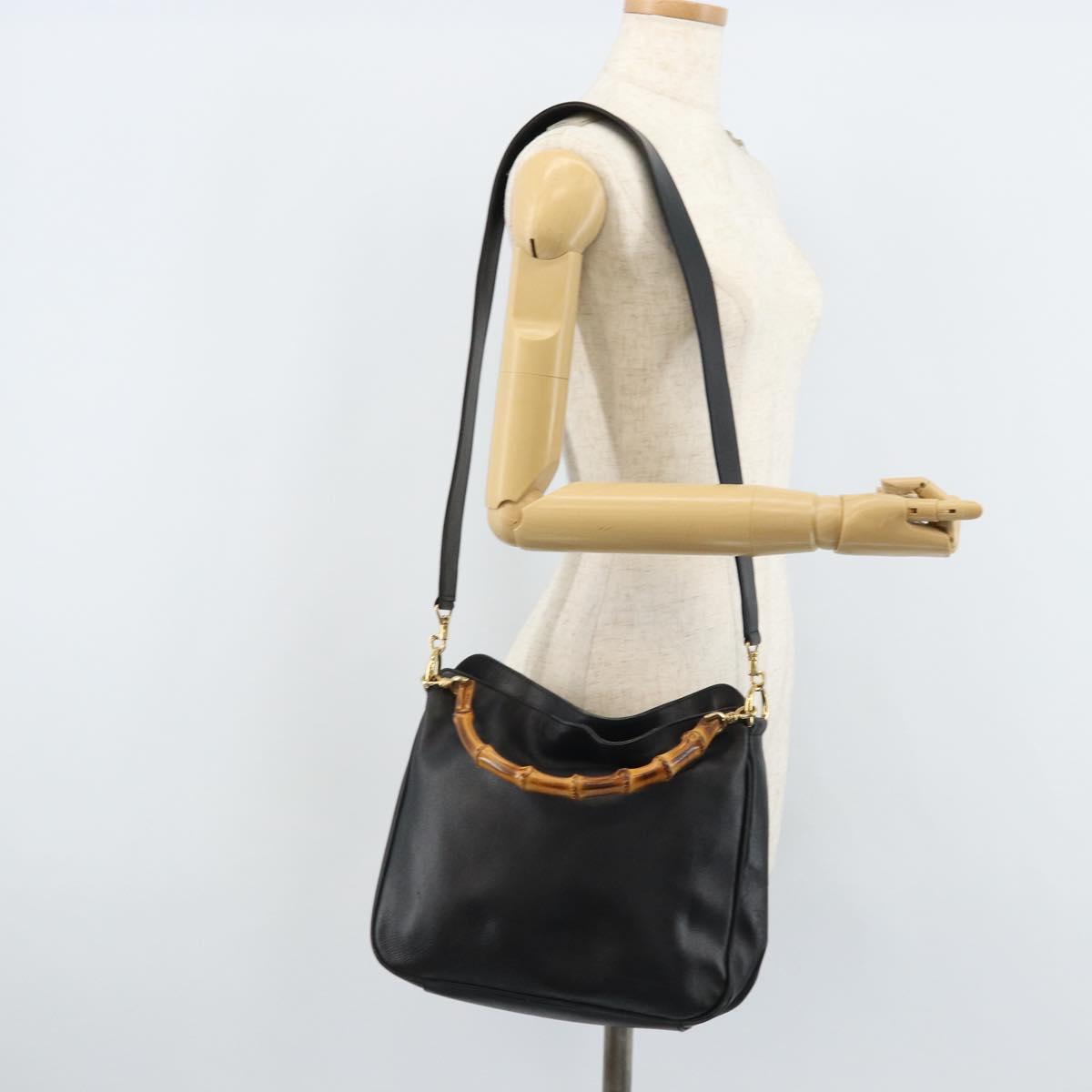 GUCCI Bamboo Hand Bag Leather 2way Black Gold 001 1638 Auth BSZ349