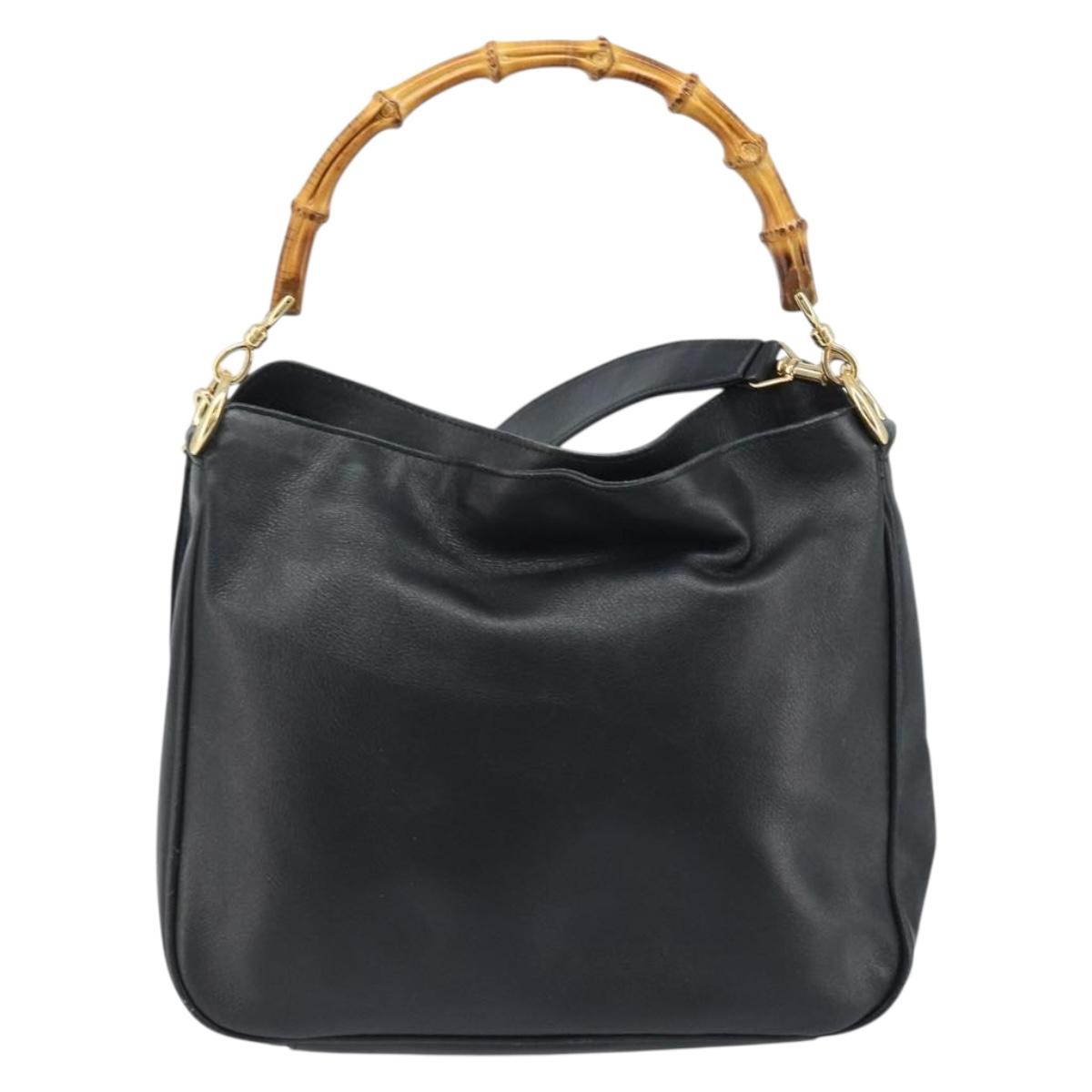 GUCCI Bamboo Hand Bag Leather 2way Black Gold 001 1638 Auth BSZ349