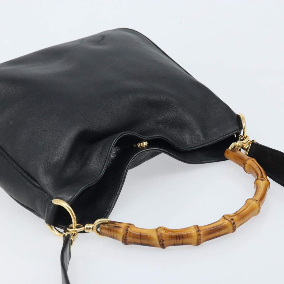 GUCCI Bamboo Hand Bag Leather 2way Black Gold 001 1638 Auth BSZ349