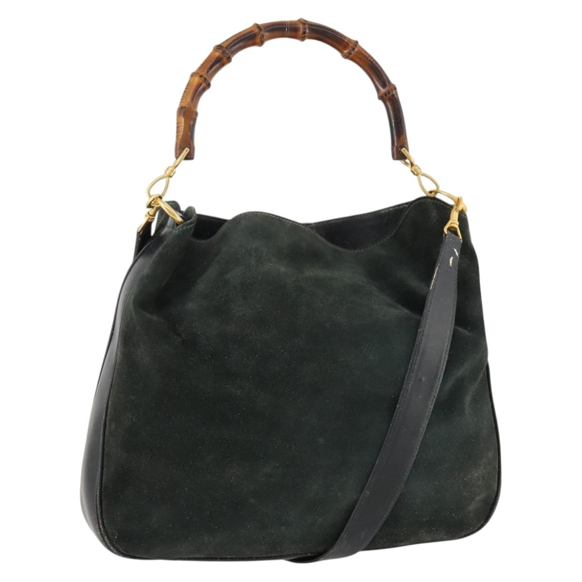 GUCCI Bamboo Shoulder Bag Suede 2way Green Gold 001 3754 Auth BSZ354