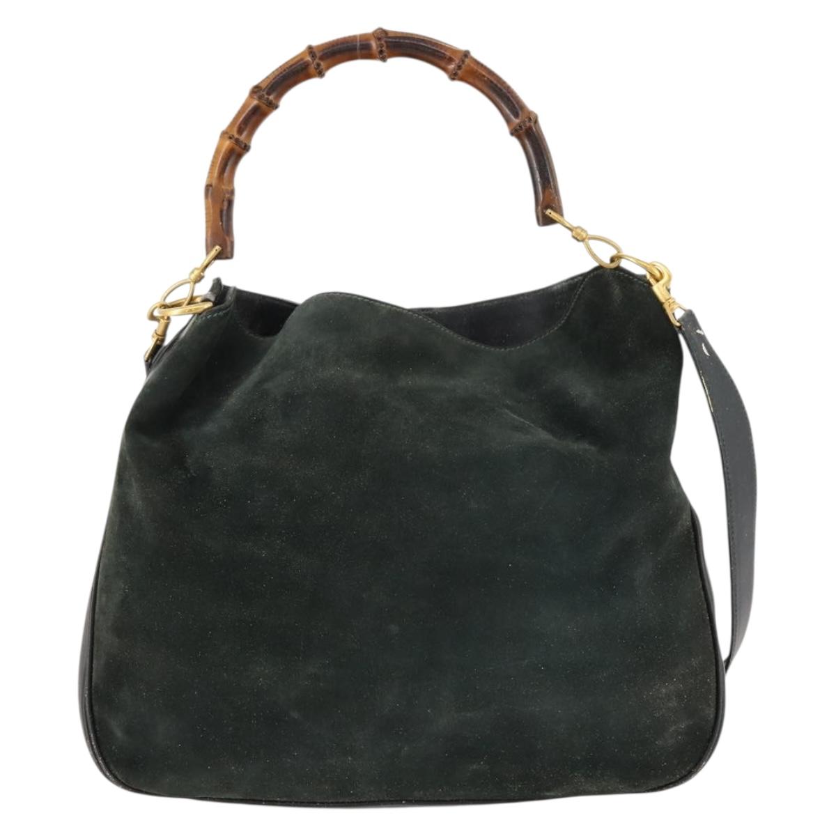 GUCCI Bamboo Shoulder Bag Suede 2way Green Gold 001 3754 Auth BSZ354
