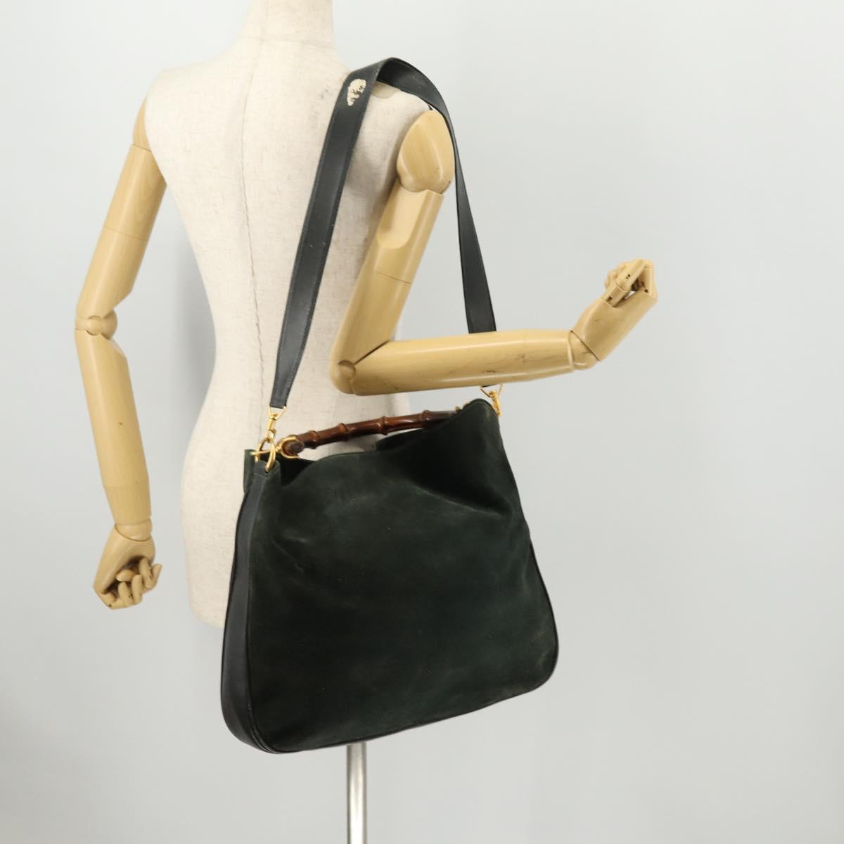 GUCCI Bamboo Shoulder Bag Suede 2way Green Gold 001 3754 Auth BSZ354