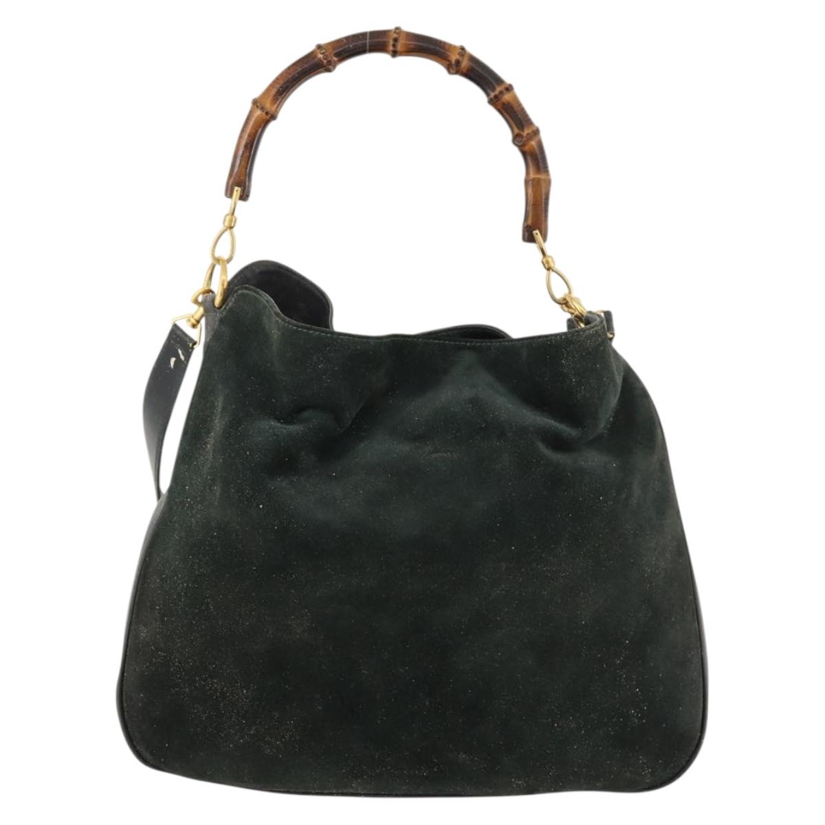 GUCCI Bamboo Shoulder Bag Suede 2way Green Gold 001 3754 Auth BSZ354