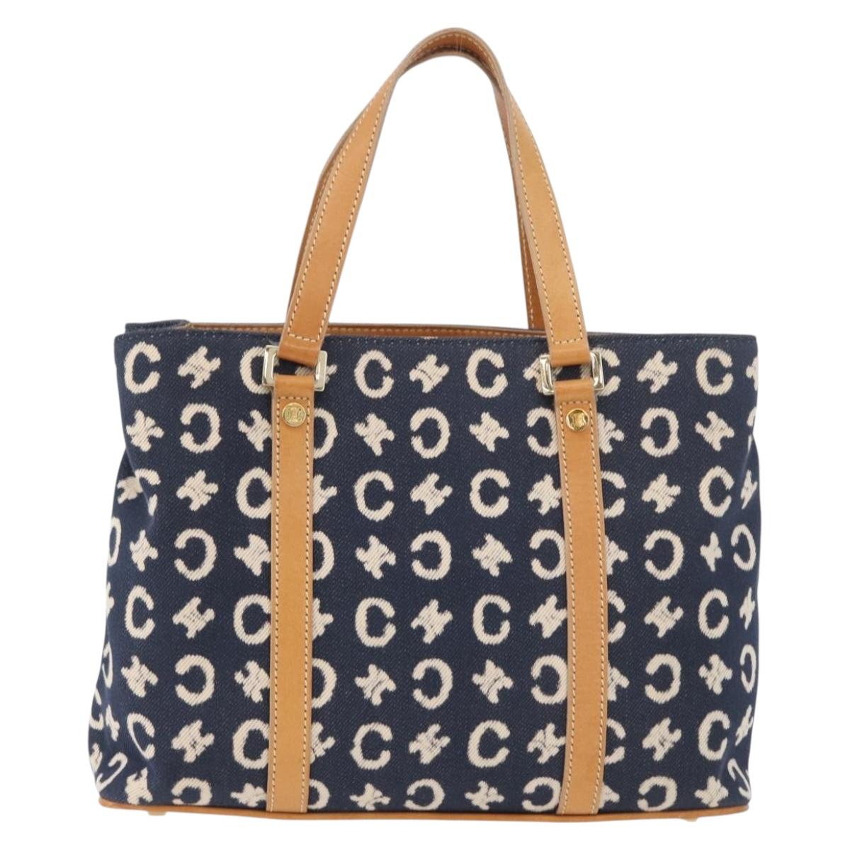 CELINE C Macadam Canvas Hand Bag Navy Gold Auth BSZ358V
