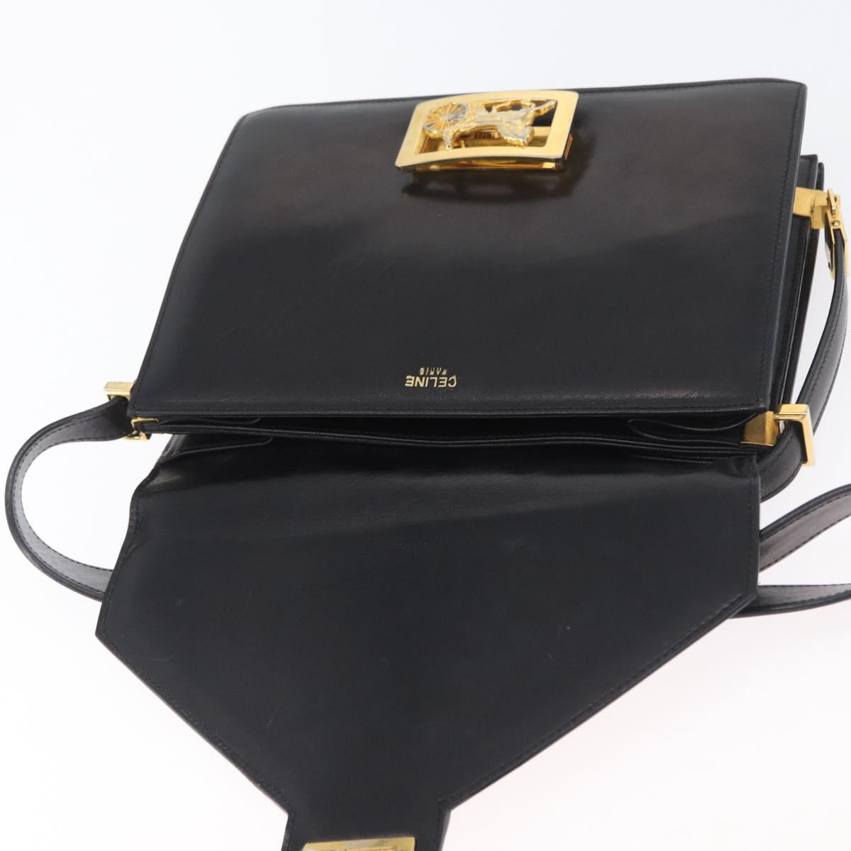 CELINE Horse Carriage Shoulder Bag Leather Black Gold Auth BSZ366