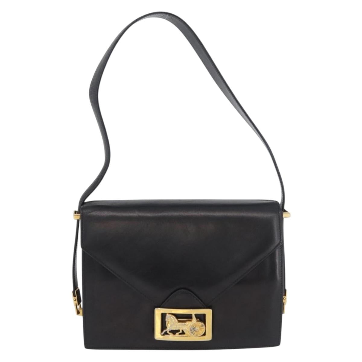 CELINE Horse Carriage Shoulder Bag Leather Black Gold Auth BSZ366